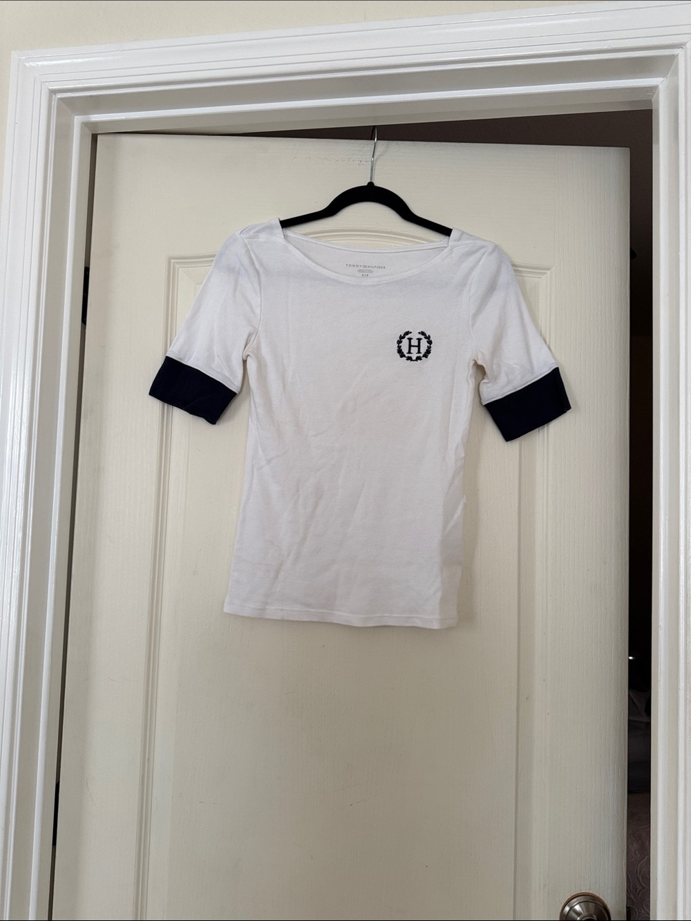 Tommy Hilfiger White Tank Top with Navy Sleeve Cuffs and Crest